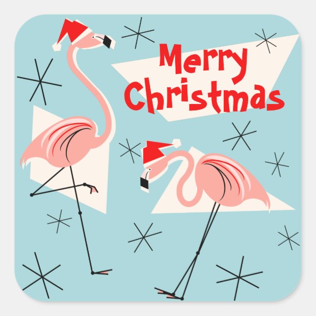 Flamingo Santas Blue Merry Christmas square Square Sticker (Front)