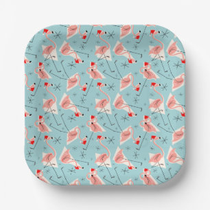 Flamingo Santas Blue Multi square paper plate