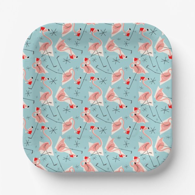 Flamingo Santas Blue Multi square paper plate (Front)