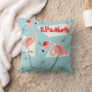 Flamingo Santas Blue Name square Throw Pillow