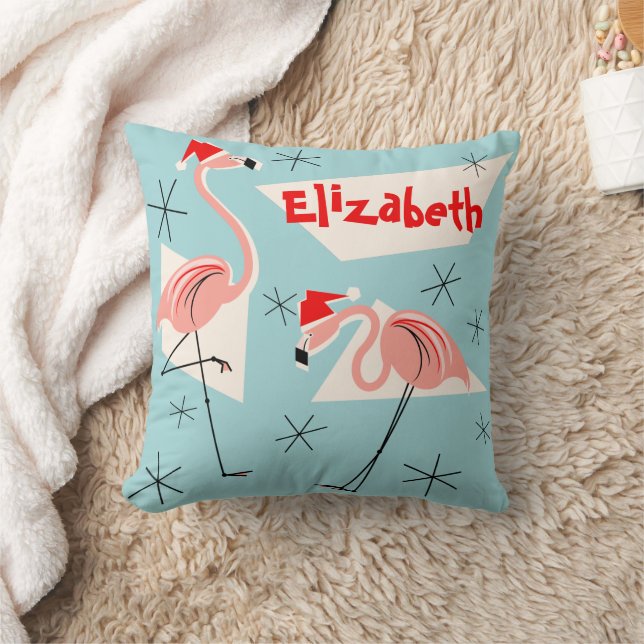 Flamingo Santas Blue Name square Throw Pillow (Blanket)