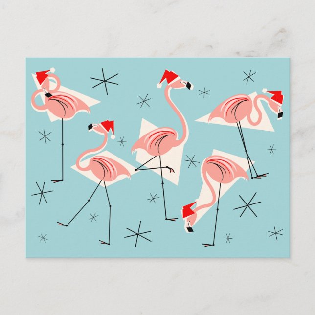 Flamingo Santas Blue postcard (Front)