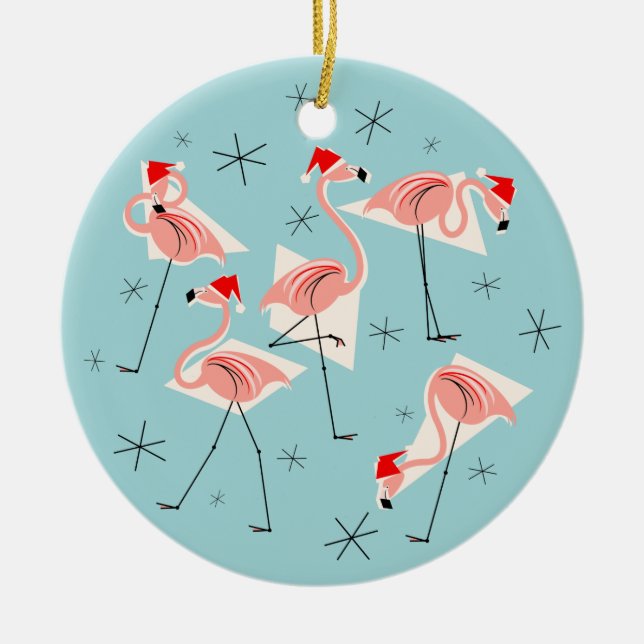 Flamingo Santas Blue Text ornament round (Front)