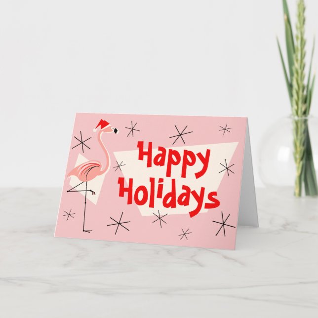 Flamingo Santas Pink Happy Holidays front Holiday Card (Front)