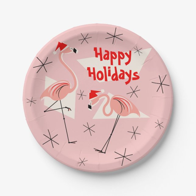 Flamingo Santas Pink Happy Holidays paper plate (Front)