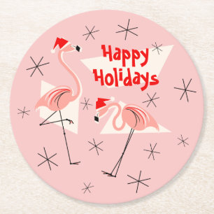 Flamingo Santas Pink Holidays round Round Paper Coaster