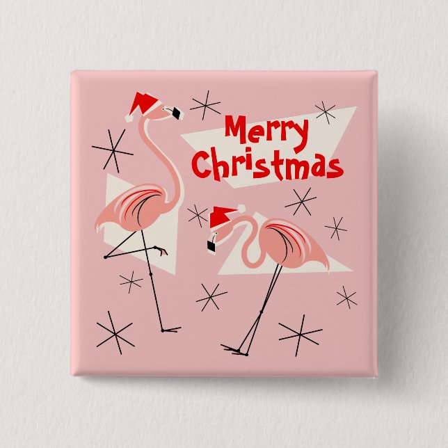 Flamingo Santas Pink Merry Christmas button square (Front)