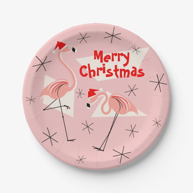 Flamingo Santas Pink Merry Christmas paper plate (Front)