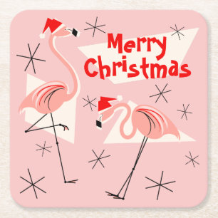 Flamingo Santas Pink Merry Christmas square Paper Coaster