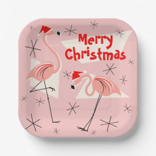 Flamingo Santas Pink Merry Christmas square Paper Plate