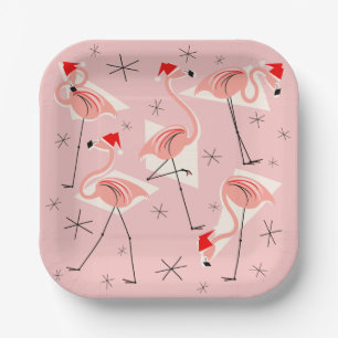 Flamingo Santas Pink square paper plate