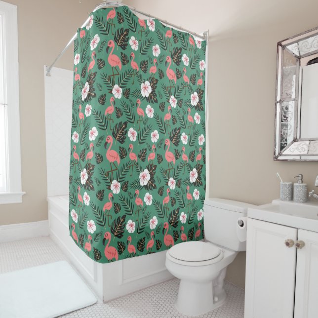 Flamingo seamless pattern pink on green background (In Situ)
