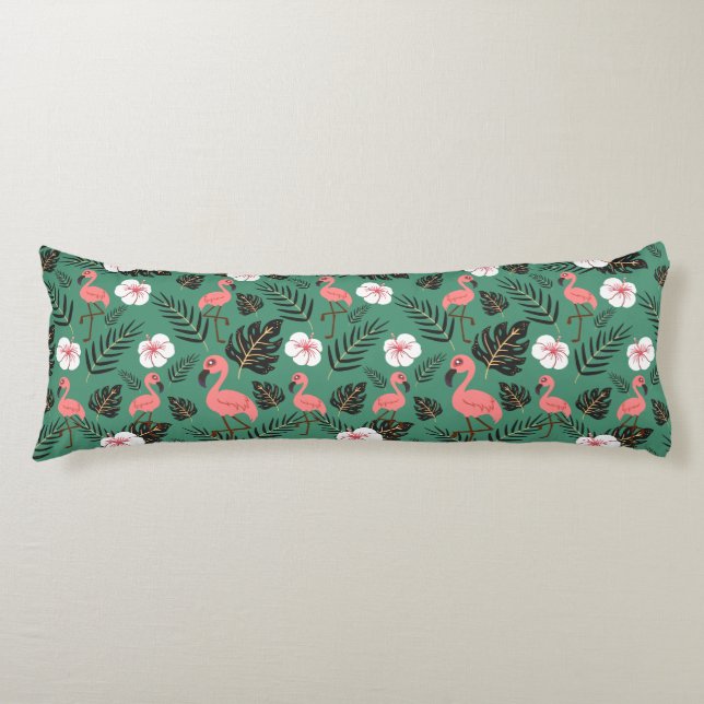 Flamingo seamless pattern pink on green background body pillow (Front)