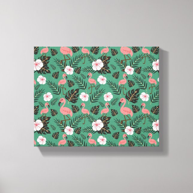Flamingo seamless pattern pink on green background canvas print (Front)