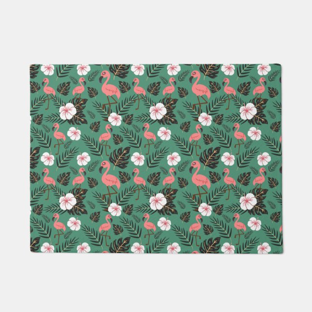 Flamingo seamless pattern pink on green background doormat (Front)