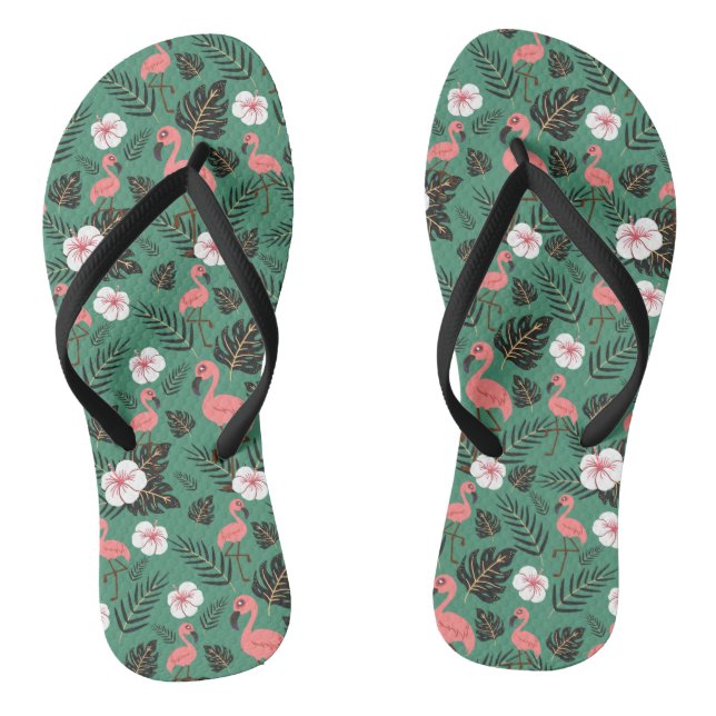 Flamingo seamless pattern pink on green background flip flops (Footbed)