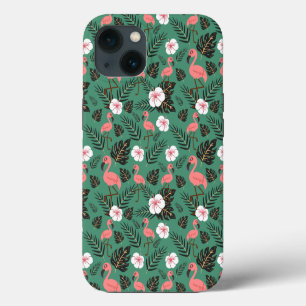 Flamingo seamless pattern pink on green background iPhone 13 case