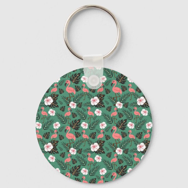Flamingo seamless pattern pink on green background keychain (Front)