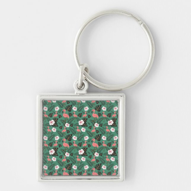 Flamingo seamless pattern pink on green background keychain (Front)