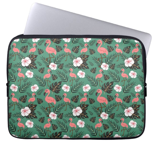 Flamingo seamless pattern pink on green background laptop sleeve (Front)