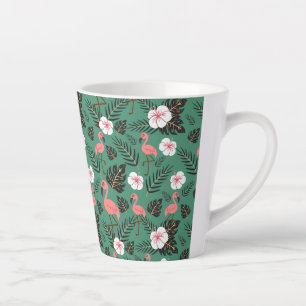 Flamingo seamless pattern pink on green background latte mug