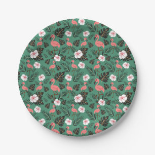Flamingo seamless pattern pink on green background paper plate