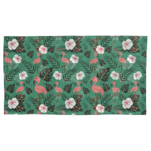 Flamingo seamless pattern pink on green background pillowcase