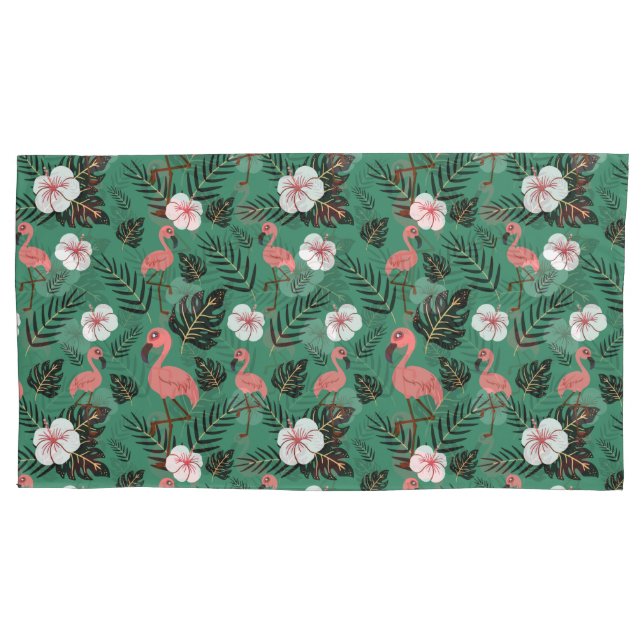 Flamingo seamless pattern pink on green background pillowcase (Front-Left)
