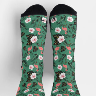 Flamingo seamless pattern pink on green background socks