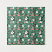 Flamingo seamless pattern pink on green background