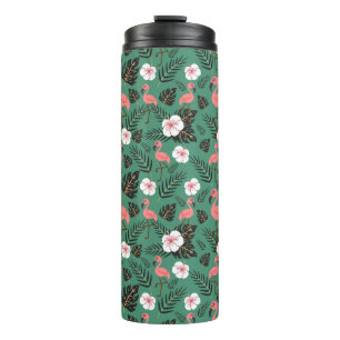 Flamingo seamless pattern pink on green background thermal tumbler