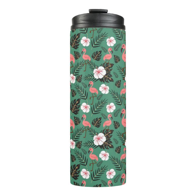 Flamingo seamless pattern pink on green background thermal tumbler (Front)