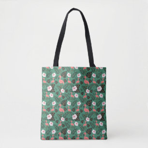 Flamingo seamless pattern pink on green background tote bag