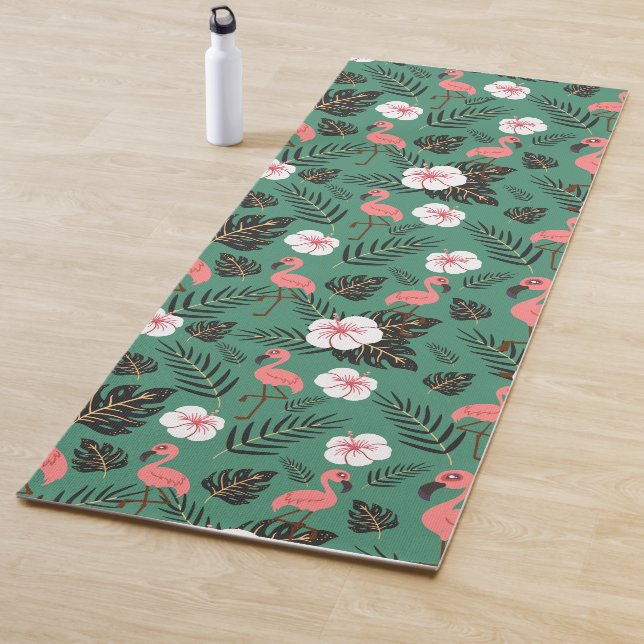 Flamingo seamless pattern pink on green background yoga mat (In Situ)