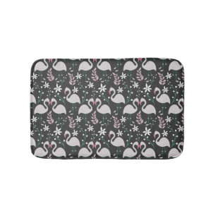 Flamingo seamless pattern white on dark background bath mat