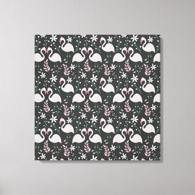 Flamingo seamless pattern white on dark background canvas print (Front)