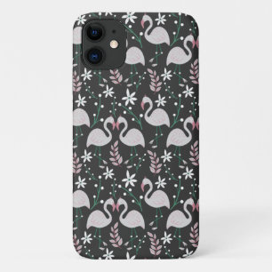 Flamingo seamless pattern white on dark background iPhone 11 case