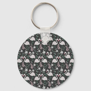 Flamingo seamless pattern white on dark background keychain