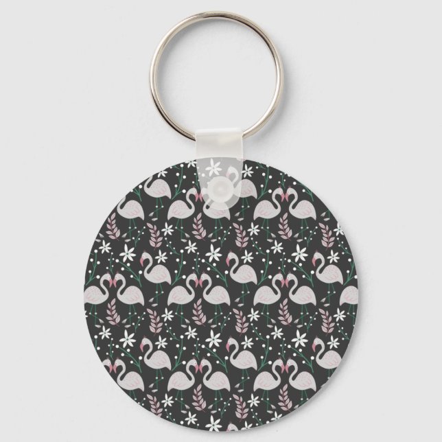 Flamingo seamless pattern white on dark background keychain (Front)