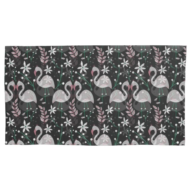 Flamingo seamless pattern white on dark background pillowcase (Front-Left)