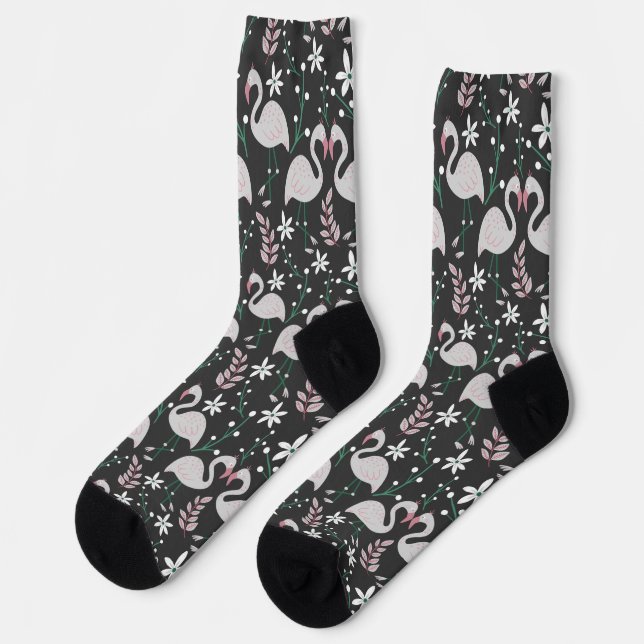 Flamingo seamless pattern white on dark background socks (Left)