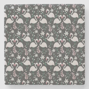 Flamingo seamless pattern white on dark background stone coaster
