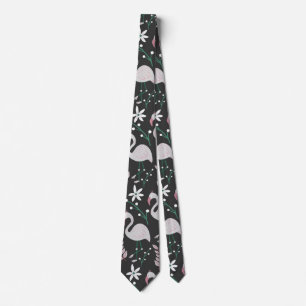 Flamingo seamless pattern white on dark background tie