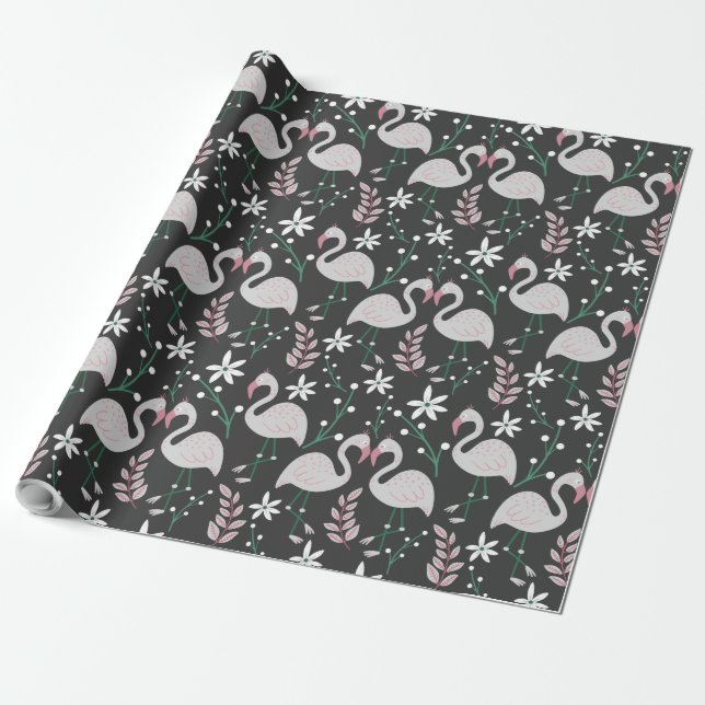 Flamingo seamless pattern white on dark background wrapping paper (Unrolled)