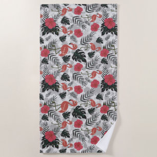 Flamingo seamless pattern with floral background beach towel