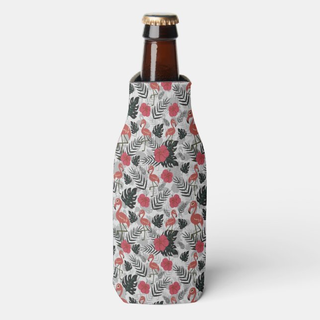 Flamingo seamless pattern with floral background bottle cooler (Bottle Front)