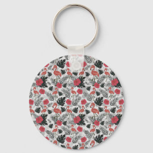 Flamingo seamless pattern with floral background keychain
