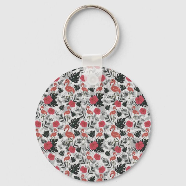 Flamingo seamless pattern with floral background keychain (Front)