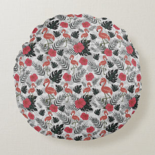Flamingo seamless pattern with floral background round pillow