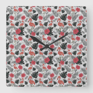 Flamingo seamless pattern with floral background square wall clock